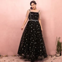 Chic / Beautiful Black Plus Size Prom Dresses 2018 A-Line / Princess Zipper Up Tulle U-Neck Star Backless Beading Sequins Embroidered Evening Party Evening Dresses