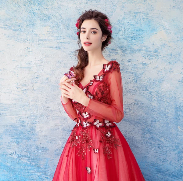 Lovely Red Floor-Length / Long Evening Dresses 2018 A-Line / Princess Tulle V-Neck Appliques Beading Backless Butterfly Sequins Evening Party Prom Dresses