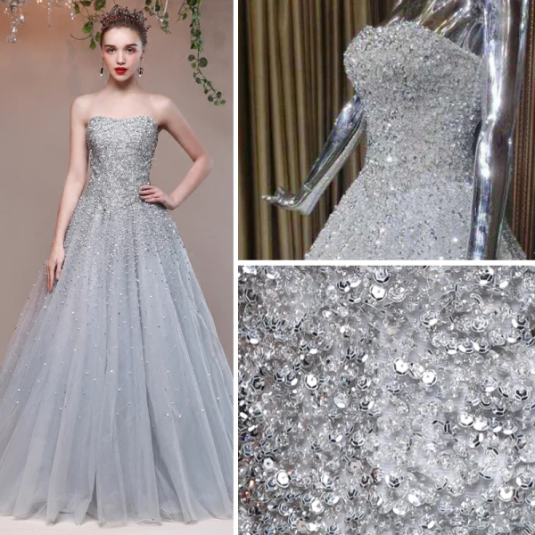 Sparkly Grey Evening Dresses  2017 Lace Backless Glitter Sequins Strappy A-Line / Princess Formal Dresses