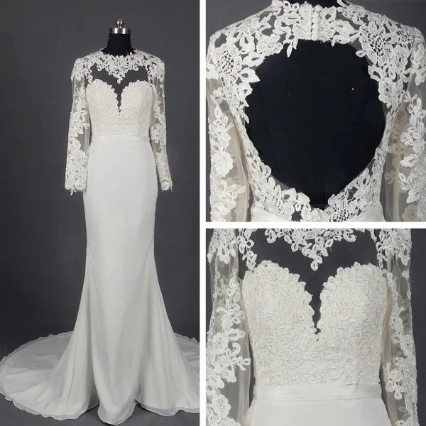Classic Elegant Ivory Court Train Wedding 2018 Trumpet / Mermaid Long Sleeve Charmeuse U-Neck Lace-up Appliques Backless Pierced Wedding Dresses