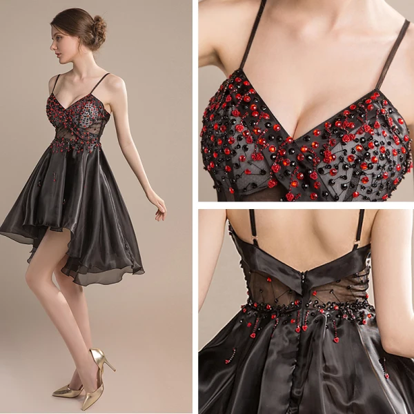 Sexy Black Short Cocktail Dresses 2018 A-Line / Princess Tulle V-Neck Beading Backless Cocktail Party Formal Dresses