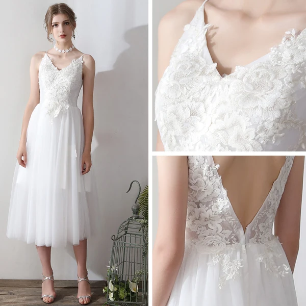 Modern / Fashion White Tea-length Wedding 2018 A-Line / Princess V-Neck Lace-up Tulle Appliques Backless Wedding Dresses