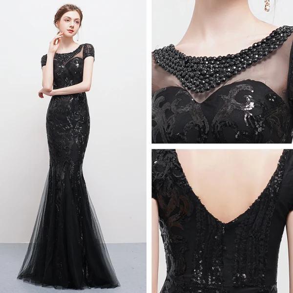 Modern / Fashion Black Floor-Length / Long Evening Dresses 2018 Trumpet / Mermaid U-Neck Tulle Backless Beading Sequins Rhinestone Formal Dresses