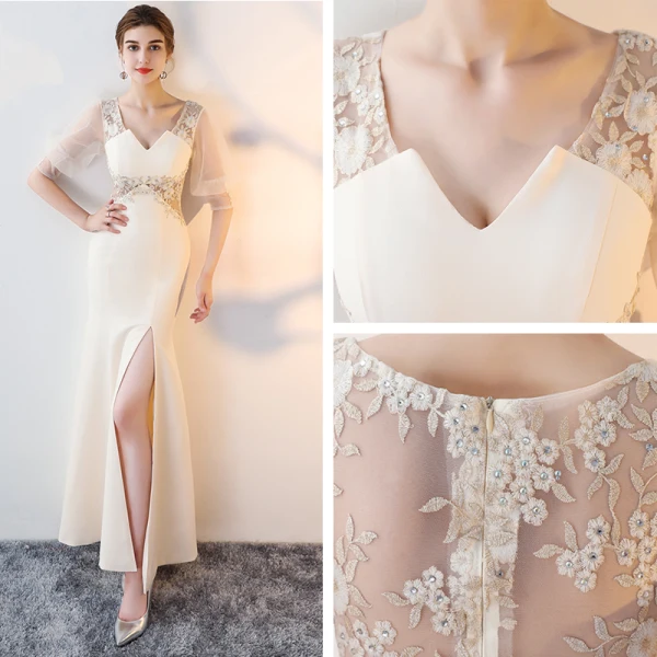 Amazing / Unique Champagne Floor-Length / Long Evening Dresses 2018 Trumpet / Mermaid Charmeuse 1/2 Sleeves V-Neck Lace-up Beading Backless Embroidered Formal Dresses