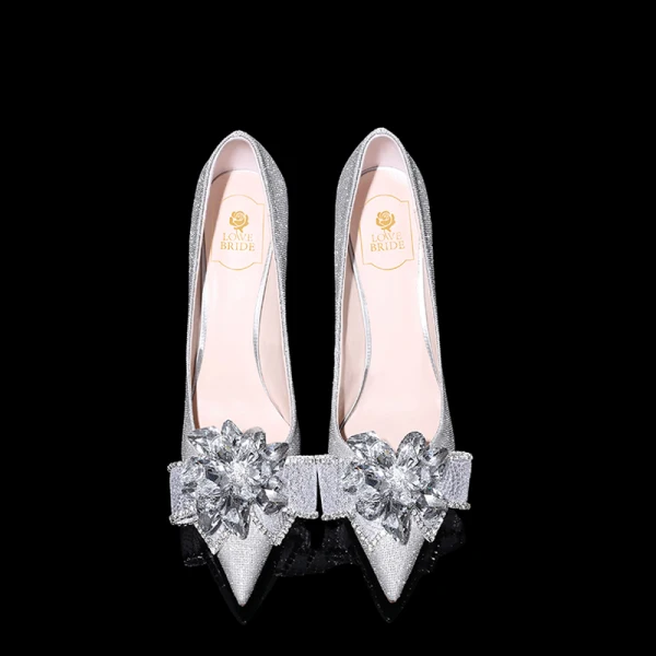 Glittrande Bling Bling Silver Damskor 2019 Läder Beading Blomma Glittriga / Glitter Paljetter Afton Högklackade Spetsiga Brudskor