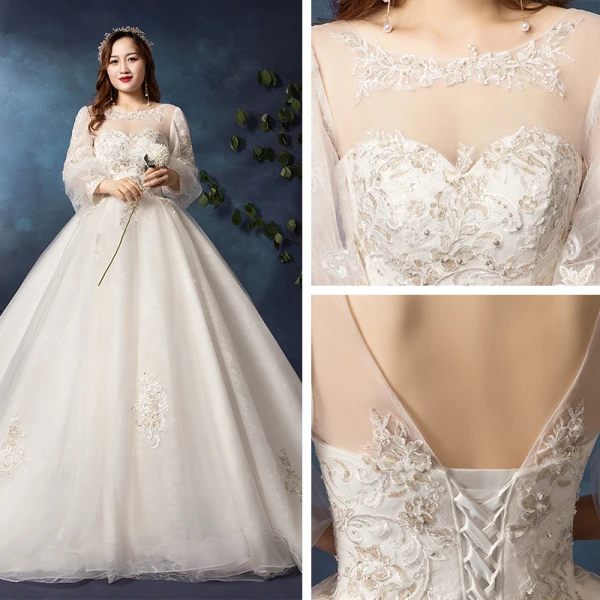 Modern / Fashion White Plus Size Wedding Dresses 2019 A-Line / Princess Long Sleeve U-Neck Appliques Backless Beading Sequins Chapel Train