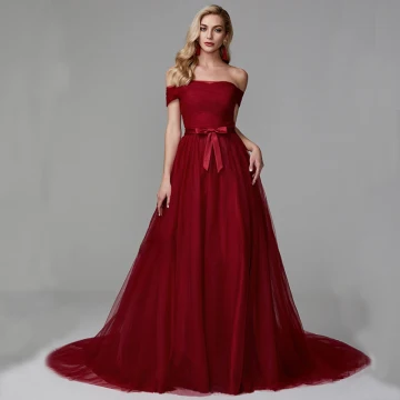 Chic Beautiful Burgundy Evening Dresses 2020 A Line Princess Off The Shoulder Tulle Backless Strappy Court Train Cocktail Party Evening Party Formal Dresses
