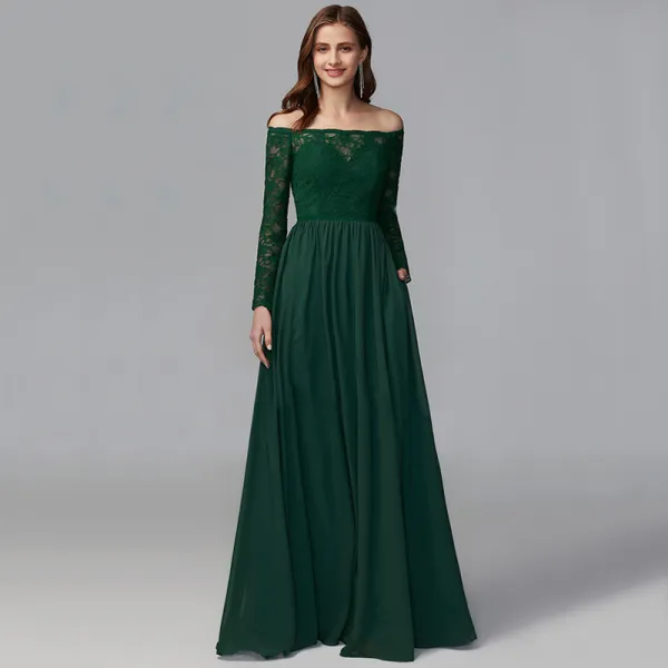 Modest / Simple Green Mother Of The Bride Dresses 2020 A-Line / Princess Floor-Length / Long Long Sleeve Zipper Up at Side Off-The-Shoulder Backless Embroidered Wedding Evening Party Wedding Party Dresses