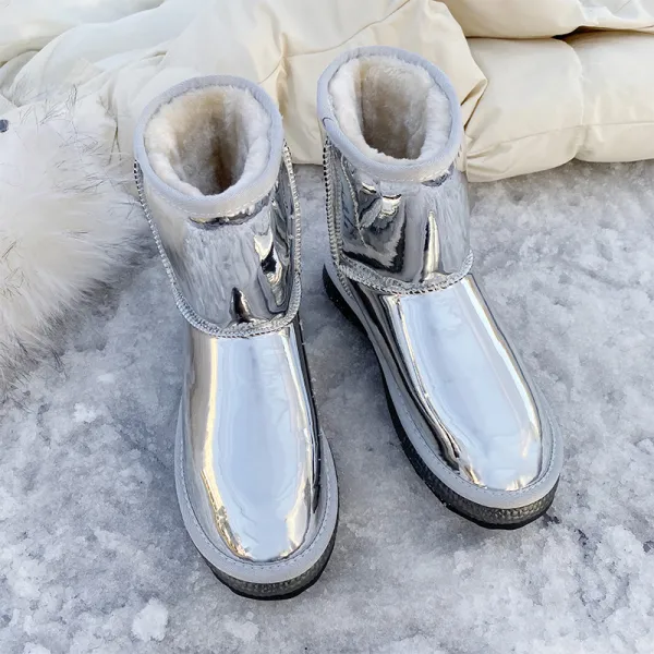 Women′ 2024 S PU Leather Boots Lace up Winter Outdoor Snow Boots All Silver Col