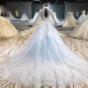 Luksusowe Błękitne Sukienki Na Bal 2020 Princessa Długie Rękawy Wycięciem Tiulowe Wykonany Ręcznie Bez Pleców Frezowanie Kryształ Cekiny Trenem Kaplica Wieczorowe Bal Sukienki Wizytowe