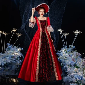 Vintage Retro Medieval Gothic Red Ball Gown Prom Dresses 2021 Lace Crossed Straps 1 2 Sleeves Square Neckline Floor Length Long Handmade Beading Rhinestone Cosplay Prom Formal Dresses