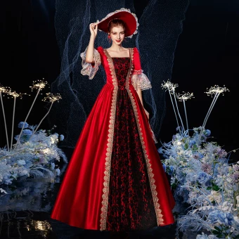 Vintage Originale Médiévale Gothique Rouge Robe Boule Robe De Bal 2021 En Dentelle Bretelles Croisées 1 2 Manches Encolure Carrée Longue Fait Main Perlage Faux Diamant Cosplay Promo Robe De Ceremonie