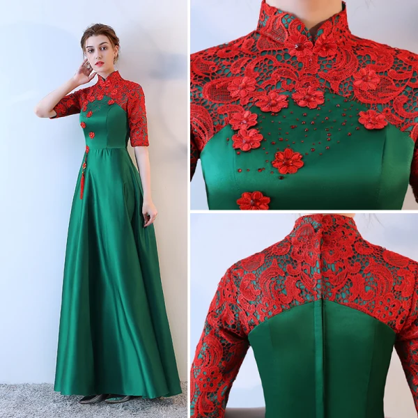 Chinese style 2017 Evening Dresses  Green Scoop Neck 1/2 Sleeves Embroidered Evening Party Formal Dresses