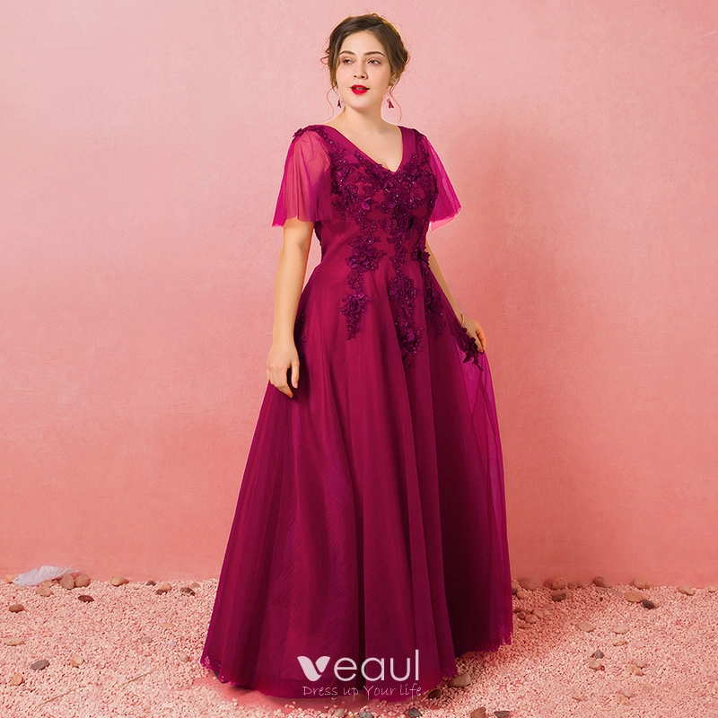 Burgundy Beautiful Tulle V-neck A-line Formal & Evening Dress