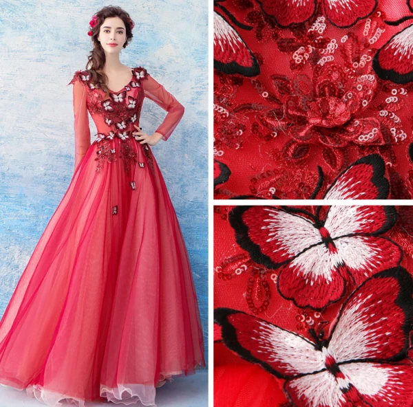 Lovely Red Floor-Length / Long Evening Dresses 2018 A-Line / Princess Tulle V-Neck Appliques Beading Backless Butterfly Sequins Evening Party Prom Dresses