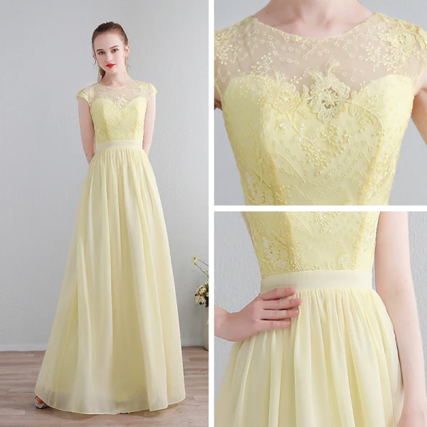 Modern / Fashion Floor-Length / Long Yellow Evening Dresses 2018 A-Line / Princess U-Neck Chiffon Lace-up Appliques Backless Pierced Formal Dresses