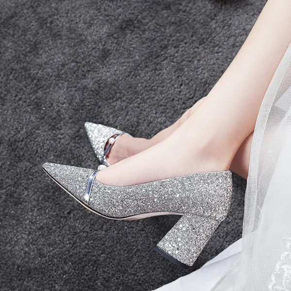 Chic / Belle Argenté Chaussure De Mariée 2020 7 cm Perlage Perle Mariage Cocktail Soirée À Bout Pointu Chaussures Femmes