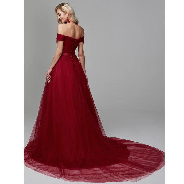 Chic / Beautiful Burgundy Evening Dresses 2020 A-Line / Princess Off-The-Shoulder Tulle Backless Strappy Court Train Cocktail Party Evening Party Formal Dresses