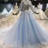 Luksusowe Błękitne Sukienki Na Bal 2020 Princessa Długie Rękawy Wycięciem Tiulowe Wykonany Ręcznie Bez Pleców Frezowanie Kryształ Cekiny Trenem Kaplica Wieczorowe Bal Sukienki Wizytowe