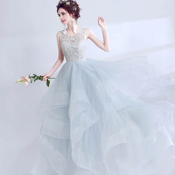 Chic / Belle Argenté Robe De Soirée 2017 Robe Boule U-Cou Dentelle Dos Nu Perlage Fait main Soirée Robe De Bal