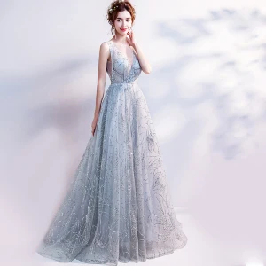 Sparkly Grey Evening Dresses 2018 Tulle Glitter Sequins Evening Party Formal Dresses