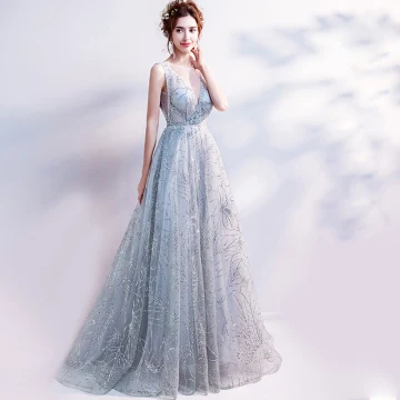 Sparkly Grey Evening Dresses 2018 Tulle Glitter Sequins Evening Party Formal Dresses