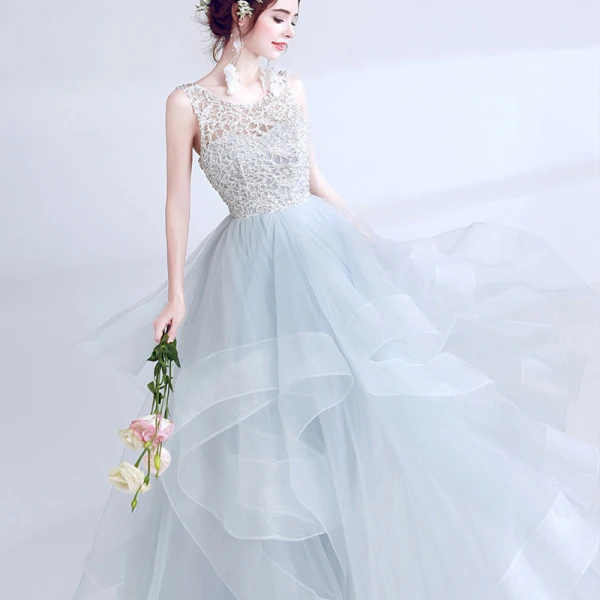 Chic / Belle Argenté Robe De Soirée 2017 Robe Boule U-Cou Dentelle Dos Nu Perlage Fait main Soirée Robe De Bal