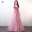 Snygga / Fina Burgundy Aftonklänningar 2017 Prinsessa V-Hals Spets Beading Appliqués Halterneck Afton Formella Klänningar