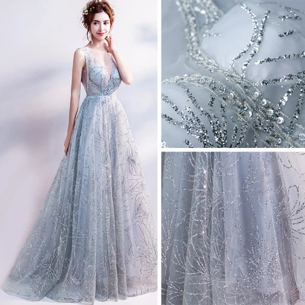 Sparkly Grey Evening Dresses  2018 Tulle Glitter Sequins Evening Party Formal Dresses