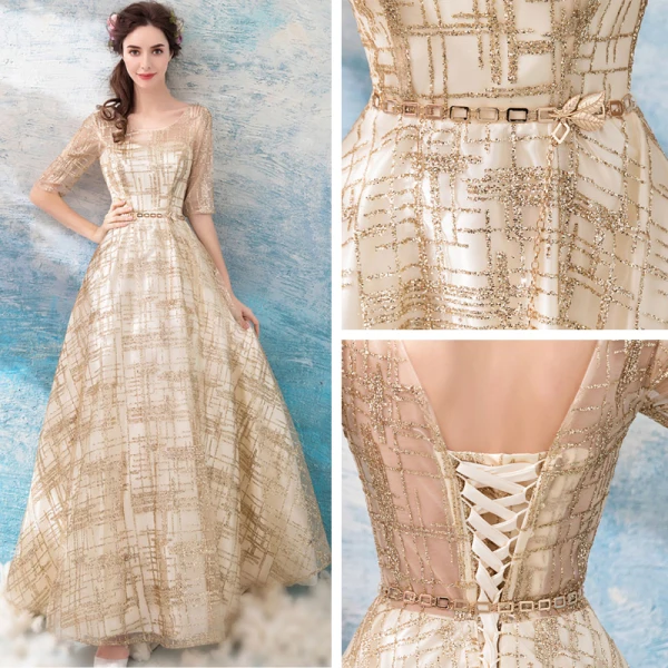 Chic / Beautiful Gold Evening Dresses 2018 A-Line / Princess Floor-Length / Long U-Neck Tulle Appliques Backless Beading Glitter Evening Party Formal Dresses