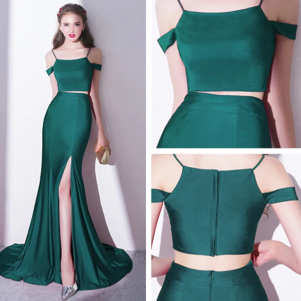 Modern / Fashion Charming 2 Piece Dark Green Court Train Evening Dresses 2018 Trumpet / Mermaid Spaghetti Straps Evening Party Formal Dresses