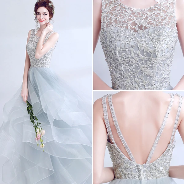 Chic / Belle Argenté Robe De Soirée 2017 Robe Boule U-Cou Dentelle Dos Nu Perlage Fait main Soirée Robe De Bal