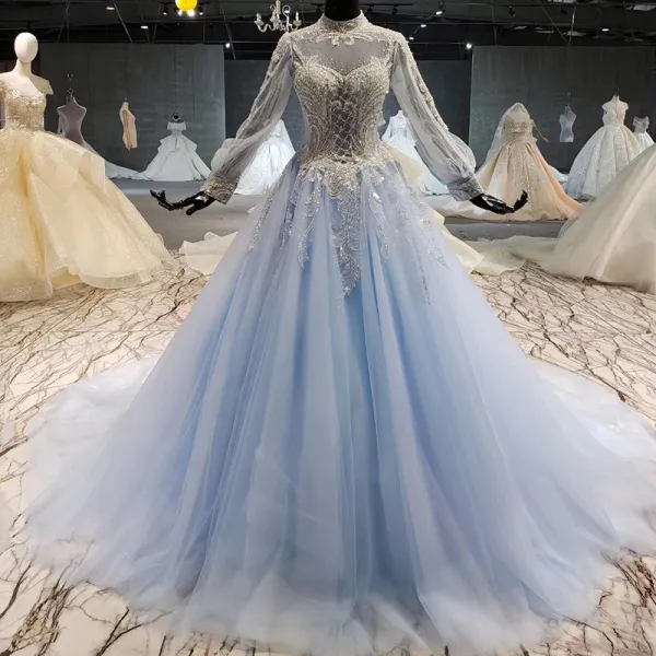Luxury / Gorgeous Sky Blue Prom Dresses 2020 A-Line / Princess Long Sleeve Scoop Neck Tulle Handmade  Backless Beading Crystal Sequins Chapel Train Evening Party Prom Formal Dresses