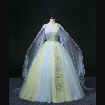 Elegant Sky Blue Beading Pearl Appliques Lace Flower Prom Dresses 2022 Ball Gown V Neck Long Sleeve Backless Floor Length Long Formal Dresses