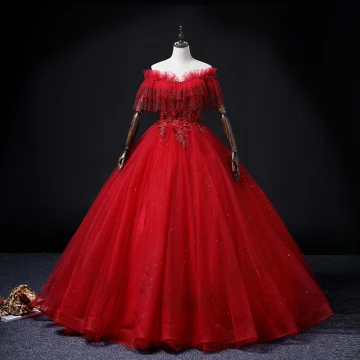 Chic Belle Rouge En Dentelle Fleur Appliques Robe De Bal 2022 Princesse De L Épaule Perlage Perle Faux Diamant Manches Courtes Dos Nu Longue Robe De Ceremonie