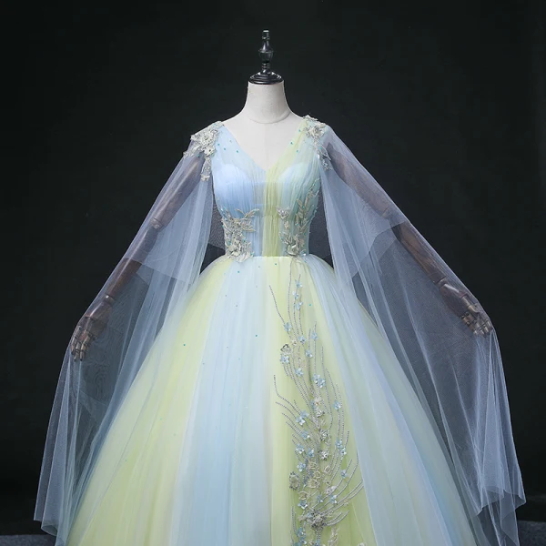 Elegant Sky Blue Beading Pearl Appliques Lace Flower Prom Dresses 2022 Ball Gown V-Neck Long Sleeve Backless Floor-Length / Long Formal Dresses