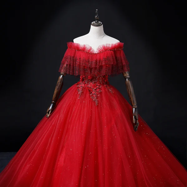 Chic / Beautiful Red Lace Flower Appliques Prom Dresses 2022 A-Line / Princess Off-The-Shoulder Beading Pearl Rhinestone Short Sleeve Backless Floor-Length / Long Formal Dresses