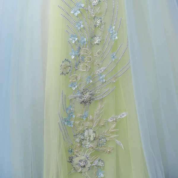 Elegant Sky Blue Beading Pearl Appliques Lace Flower Prom Dresses 2022 Ball Gown V-Neck Long Sleeve Backless Floor-Length / Long Formal Dresses