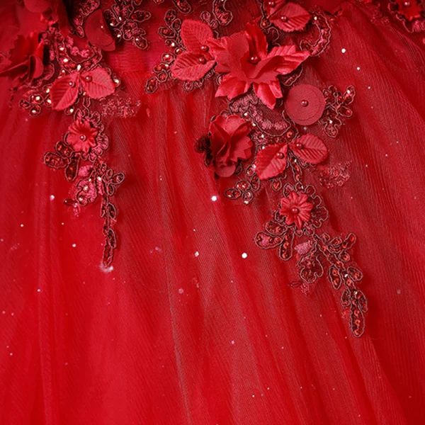 Chic / Beautiful Red Lace Flower Appliques Prom Dresses 2022 A-Line / Princess Off-The-Shoulder Beading Pearl Rhinestone Short Sleeve Backless Floor-Length / Long Formal Dresses