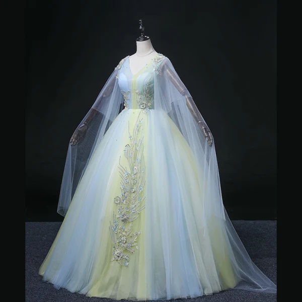 Elegant Sky Blue Beading Pearl Appliques Lace Flower Prom Dresses 2022 Ball Gown V-Neck Long Sleeve Backless Floor-Length / Long Formal Dresses
