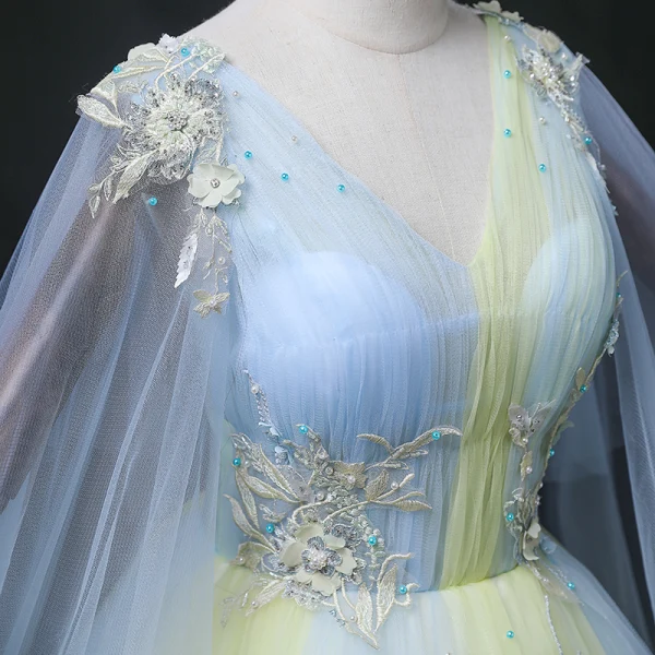 Elegant Sky Blue Beading Pearl Appliques Lace Flower Prom Dresses 2022 Ball Gown V-Neck Long Sleeve Backless Floor-Length / Long Formal Dresses