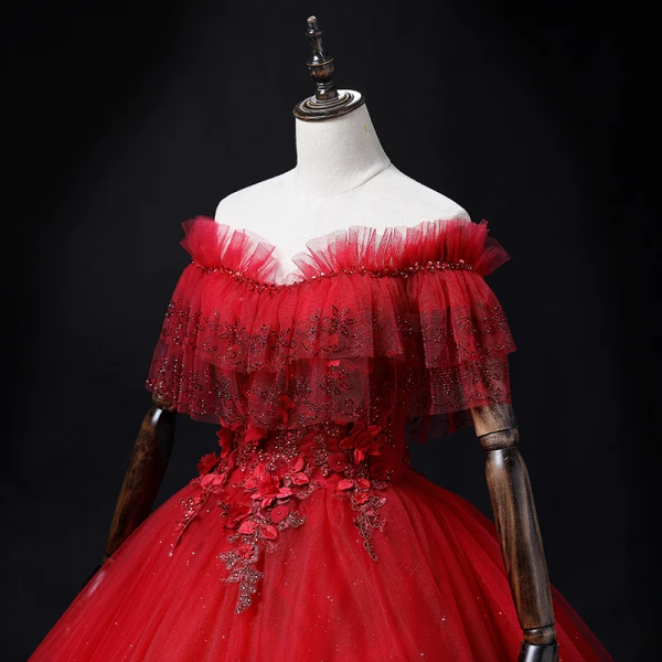 Chic / Beautiful Red Lace Flower Appliques Prom Dresses 2022 A-Line / Princess Off-The-Shoulder Beading Pearl Rhinestone Short Sleeve Backless Floor-Length / Long Formal Dresses