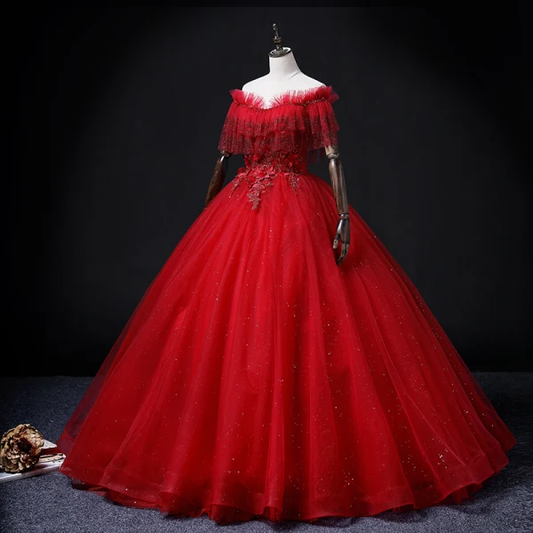 Chic / Beautiful Red Lace Flower Appliques Prom Dresses 2022 A-Line / Princess Off-The-Shoulder Beading Pearl Rhinestone Short Sleeve Backless Floor-Length / Long Formal Dresses