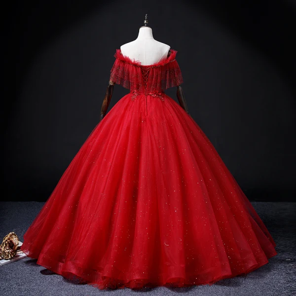 Chic / Beautiful Red Lace Flower Appliques Prom Dresses 2022 A-Line / Princess Off-The-Shoulder Beading Pearl Rhinestone Short Sleeve Backless Floor-Length / Long Formal Dresses
