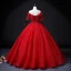 Chic / Beautiful Red Lace Flower Appliques Prom Dresses 2022 A-Line / Princess Off-The-Shoulder Beading Pearl Rhinestone Short Sleeve Backless Floor-Length / Long Formal Dresses