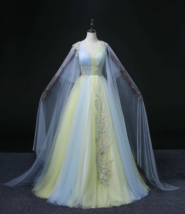 Elegant Sky Blue Beading Pearl Appliques Lace Flower Prom Dresses 2022 Ball Gown V-Neck Long Sleeve Backless Floor-Length / Long Formal Dresses