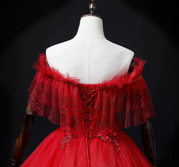 Chic / Beautiful Red Lace Flower Appliques Prom Dresses 2022 A-Line / Princess Off-The-Shoulder Beading Pearl Rhinestone Short Sleeve Backless Floor-Length / Long Formal Dresses