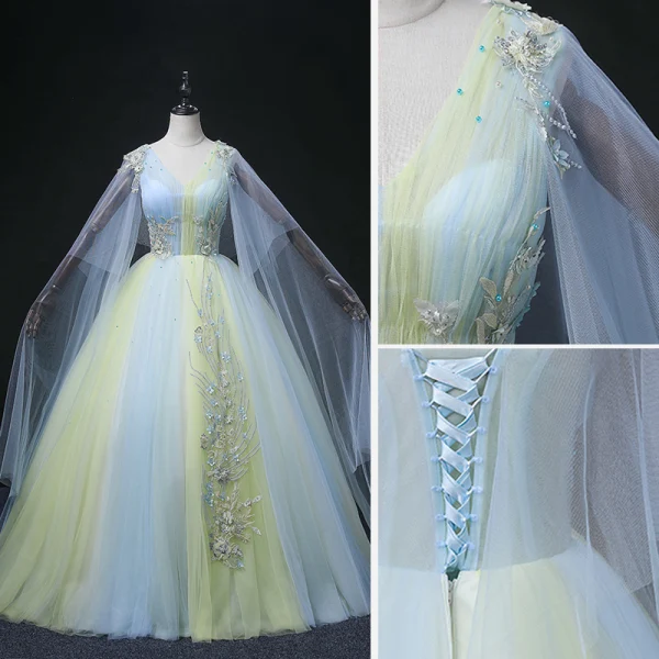 Elegant Sky Blue Beading Pearl Appliques Lace Flower Prom Dresses 2022 Ball Gown V-Neck Long Sleeve Backless Floor-Length / Long Formal Dresses