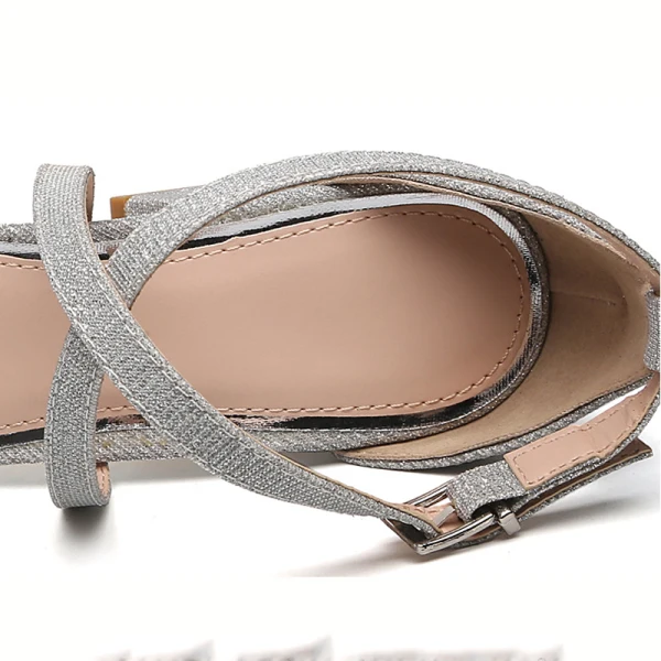 Charmant Argenté Soirée Sandales Femme 2022 X-Strap 9 cm Talons Épais Peep Toes / Bout Ouvert Sandales Talons Hauts