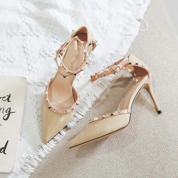 Charmant Rot Abend Niet Sandalen Damen 2023 8 cm Stilettos Knöchelriemen Spitzschuh Sandaletten Hochhackige